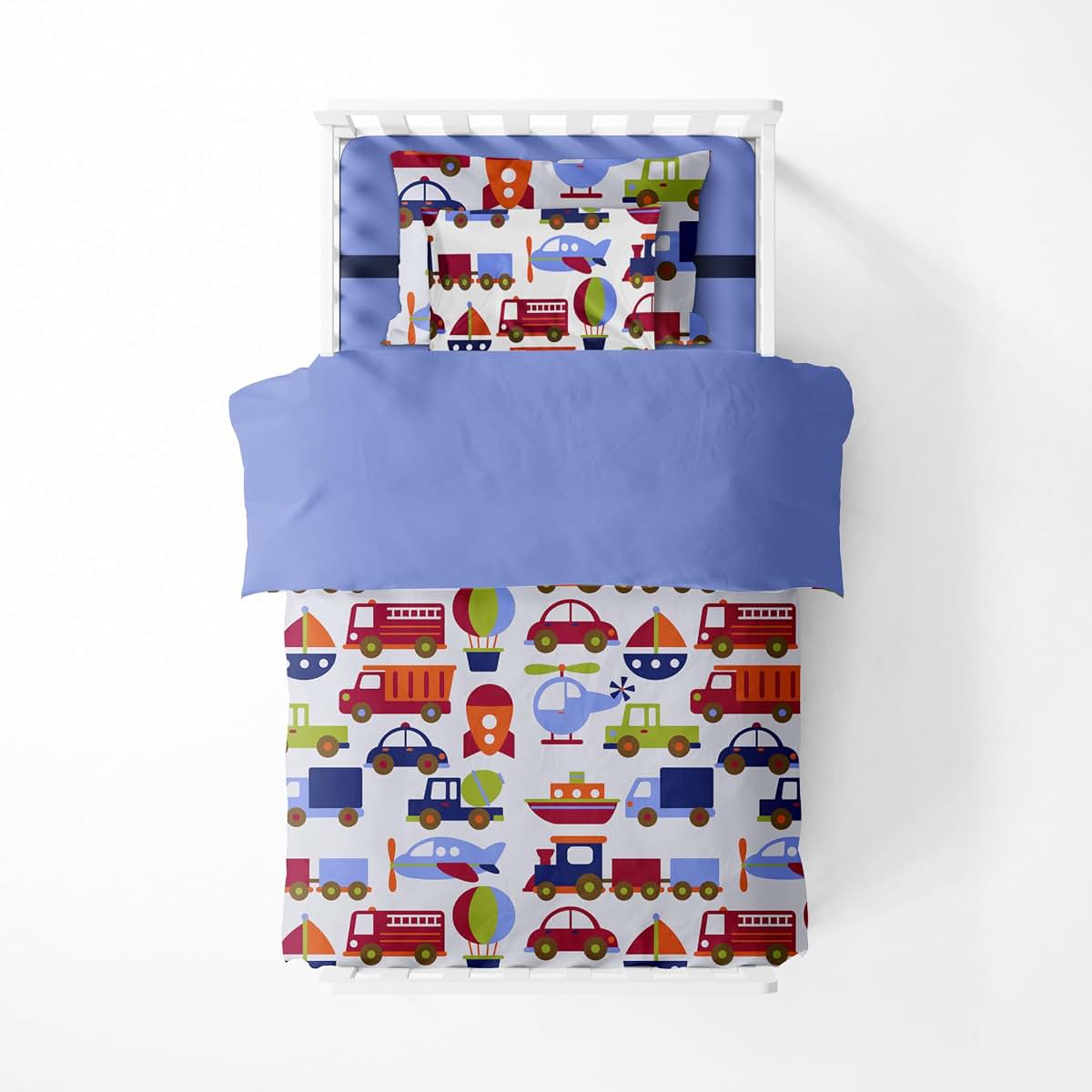 Bacati - Transportation Blue 4 Piece Boys Toddler Bedding Set 100 Percent Cotton Includes Reversible Comforter, Fitted (photo 3)