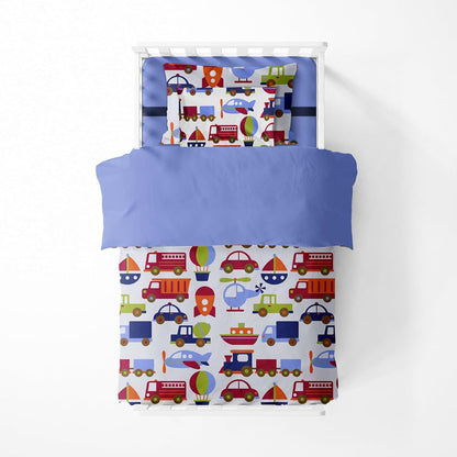 Bacati - Transportation Blue 4 Piece Boys Toddler Bedding Set 100 Percent Cotton Includes Reversible Comforter, Fitted (photo 3)