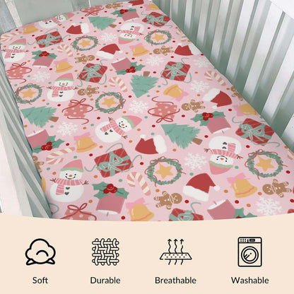 Cstdyfrv Pink Snowman Baby Crib Sheets Santa Hat Christmas Tree Candy Gift Baby Sheet Winter Holiday Festive Fitted (photo 3)