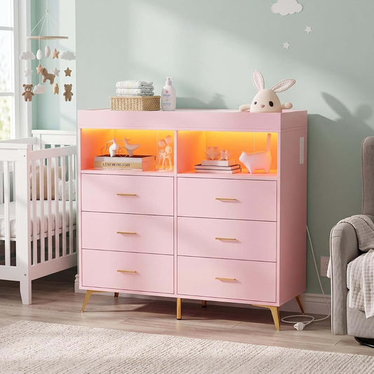 Jojoka Nursery Changing Table Dresser with LED Lighting and Charging Function, 6 Drawer Storage Dresser with 2 Open