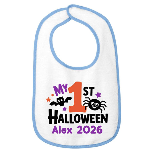 Smiling Jindo Personalized My First Halloween Baby Bib – Custom Name Bib for Newborns & Infants – Soft Cotton Terry