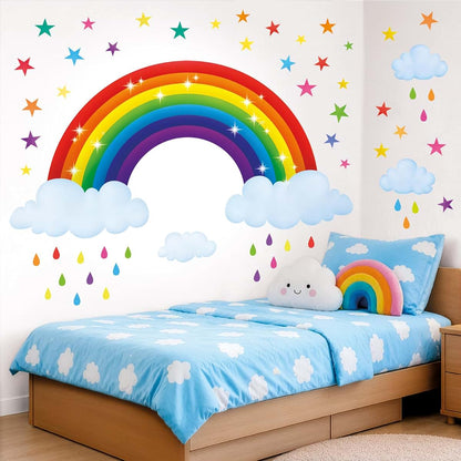 BASHOM DECOWALL Rainbow Wall Decals Stickers Clouds Stars Colorful Decor