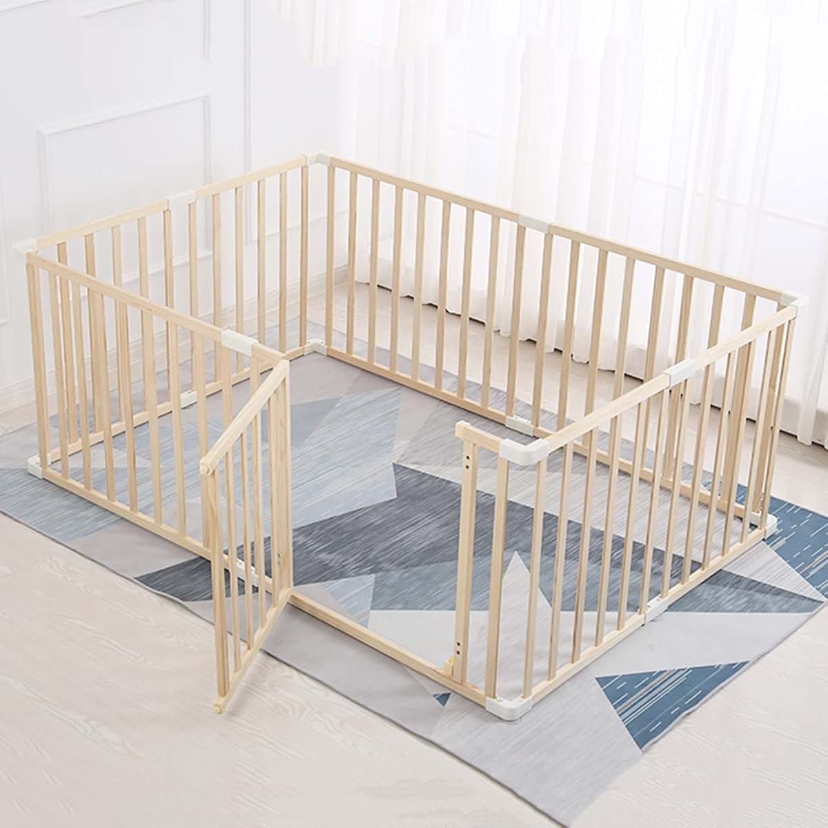 Jolan Portable Baby Playpen,Wooden Baby Fence with Door,Crawling Playpen,Indoor Outdoor Safety Playard