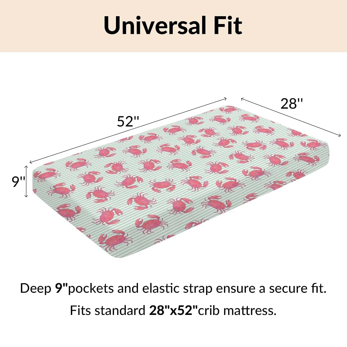 BabyOneStop Watercolor Crab Striped Crib Sheet, Pink Coastal Ocean Design, Fits Standard Crib Mattress 28x52
