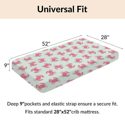 BabyOneStop Watercolor Crab Striped Crib Sheet, Pink Coastal Ocean Design, Fits Standard Crib Mattress 28x52