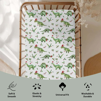 BabyOneStop Christmas Dinosaur Santa Hat Crib Sheet 28x52 Inch