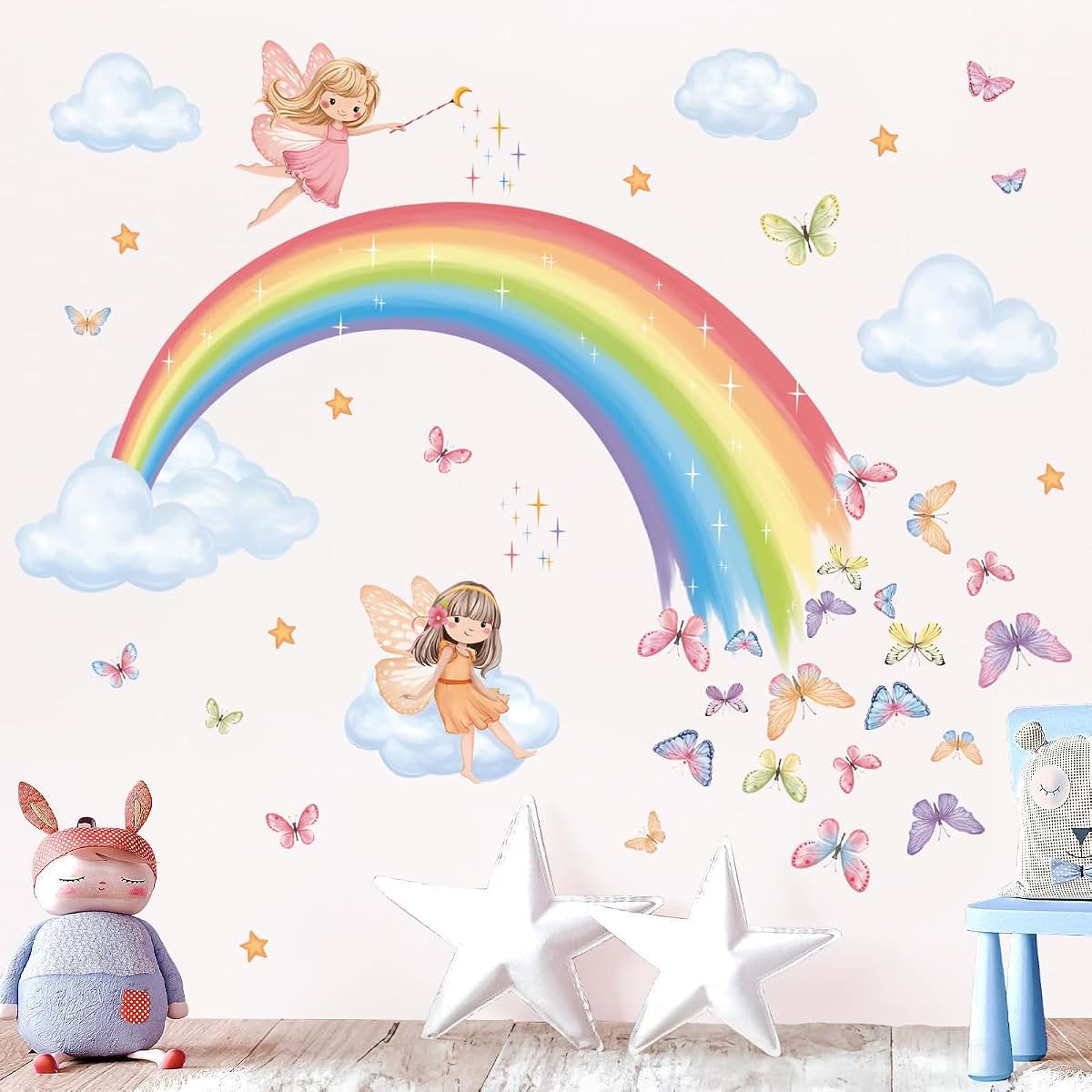 Decalmile Rainbow Fairy Butterfly Clouds Wall Decals Stickers | Peel and Stick Removable Wall Decor, 2 Sheets