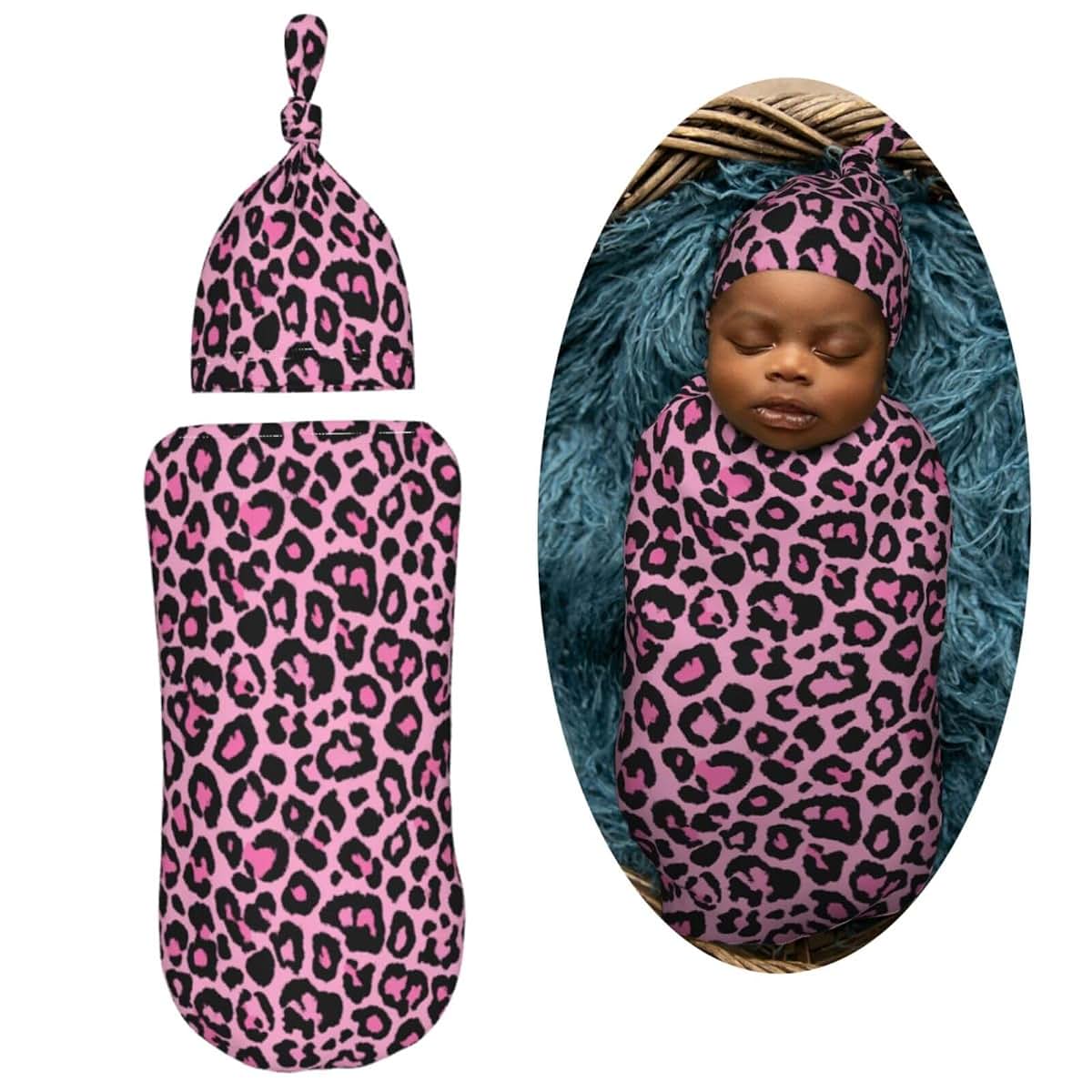AuHomea Leopard Print Newborn Swaddle Blanket with Beanie Set, Adjustable Polyester Wrap for 0-6 Months