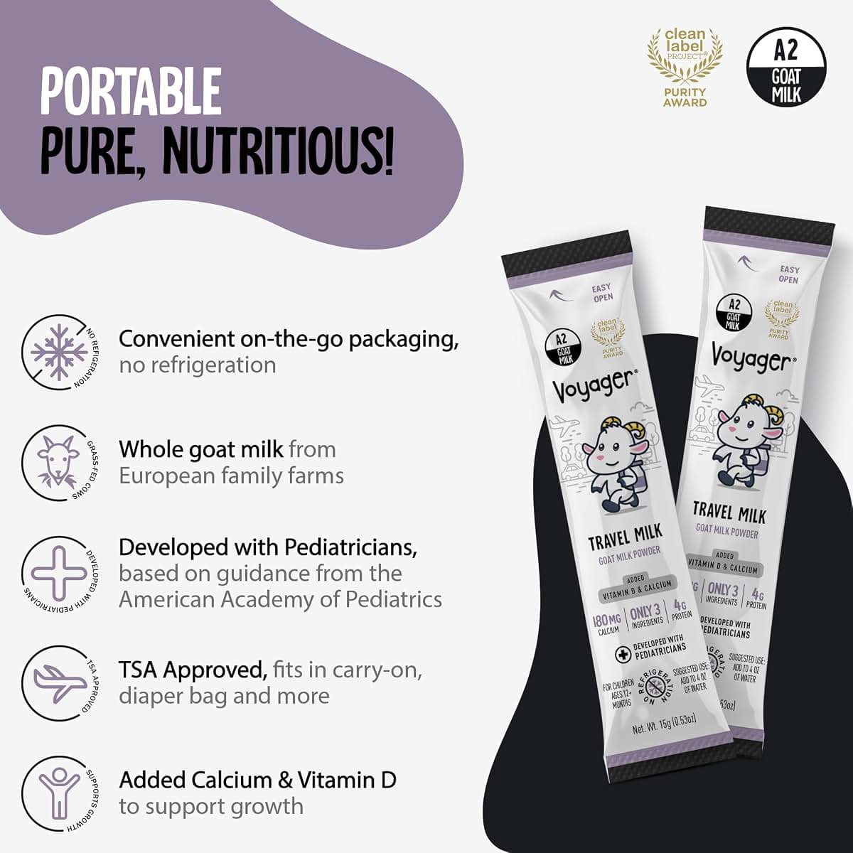 Voyager Milk Voyager Travel Goat Milk Powder for Toddlers, Kids, Adults - On-The-Go, Easy to Digest, Whole Powdered (photo 3)