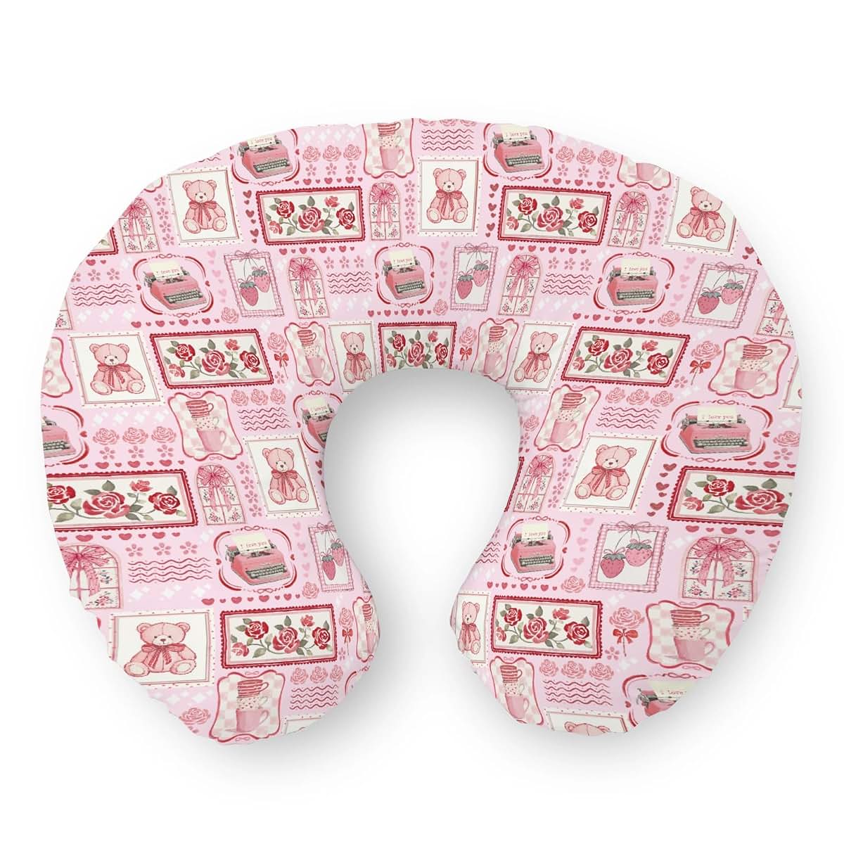Selgkds Pink Preppy Valentines Frames Nursing Pillow Covers Pink Valentine Bear Roses Hearts Soft Stretchy Removable