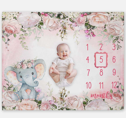 Popfavors Baby Girl Monthly Milestone Blanket With Floral Elephant Design