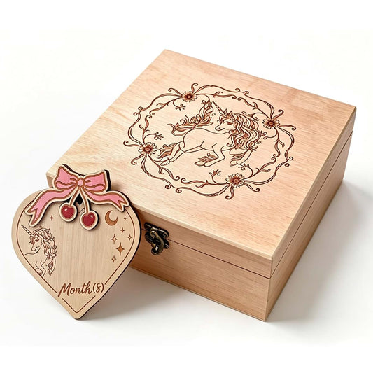 AIKEAIKESI Baby Keepsake Box & Birth Announcement Sign for Girls - Unicorn Wooden Memory Box with Double-Sided