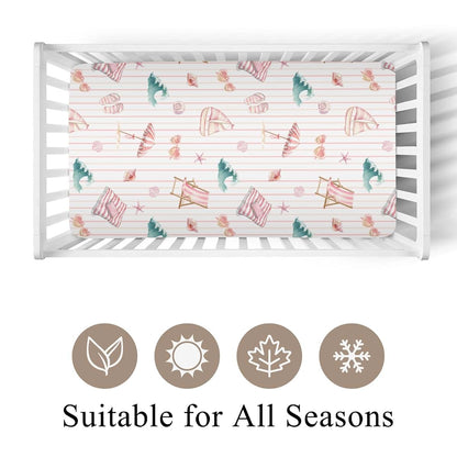 Wicbfdfv Cute Summer Beach Boats Stripe Pink Baby Crib Sheet for Boys & Girls 28"x52" Conch Shells Starfish Waves Baby (photo 2)