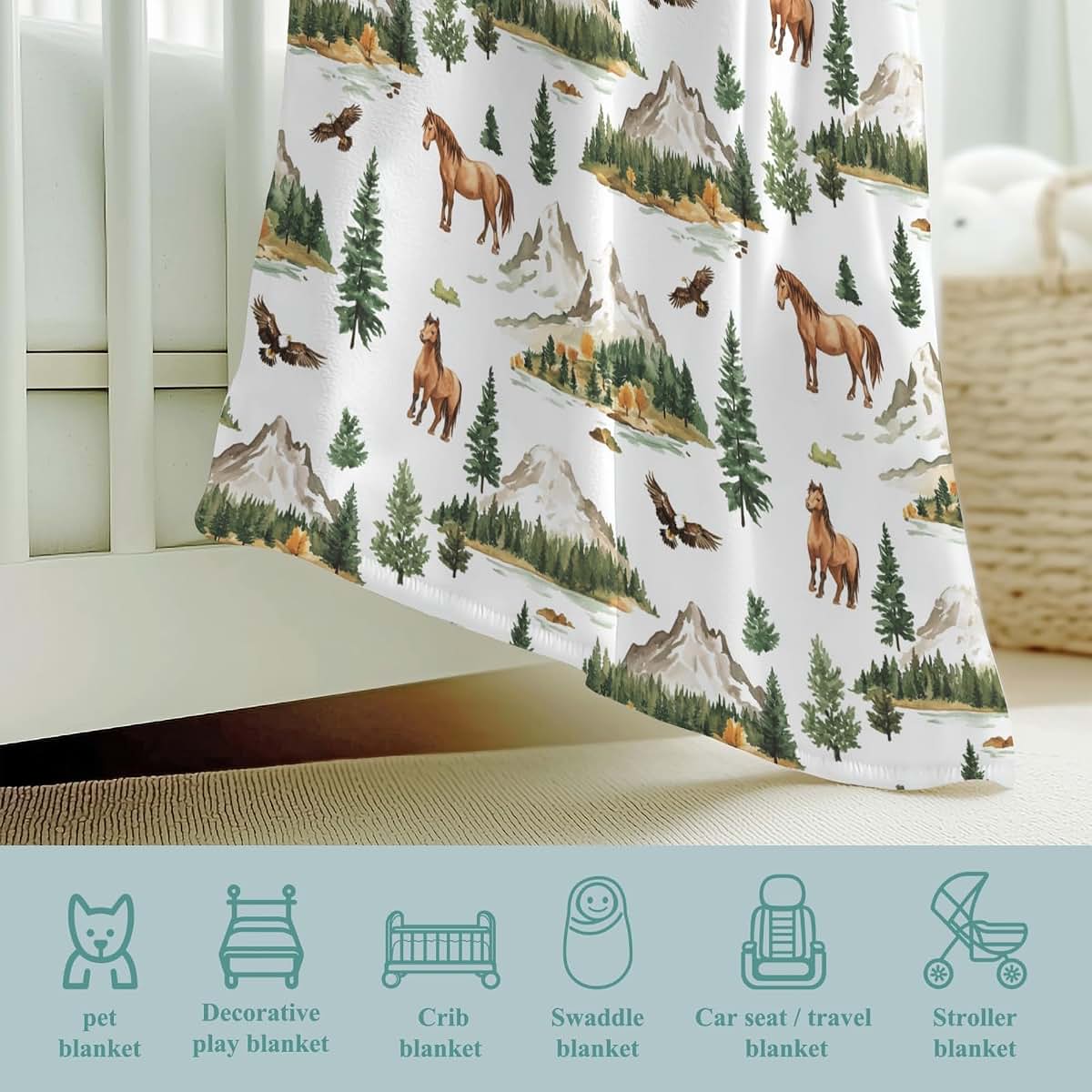 Wicbfdfv Vintage Horse Eagle Pine Trees Flannel Fleece Baby Blanket (photo 4)