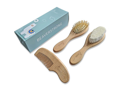 Gentle Care Wooden Baby Hair Brush and Comb Set by BeaverStrong - 2 Brushes and 1 Comb for Newborns - Soft Bristles (photo 4)