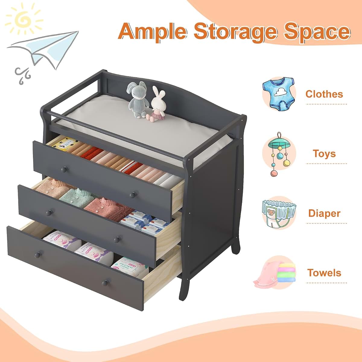 GarveeHome 3-Drawer Baby Changing Table with Pad, Grey