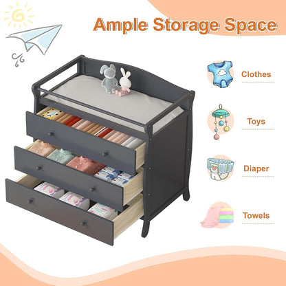 GarveeHome 3-Drawer Baby Changing Table with Pad, Grey