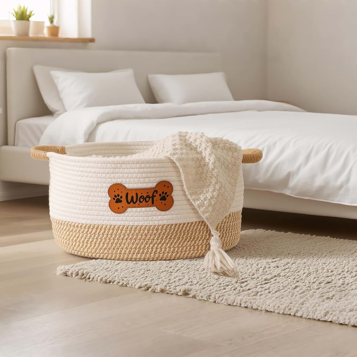 Tidelit Woven Cotton Rope Pet Toy Basket, Yellow Woof