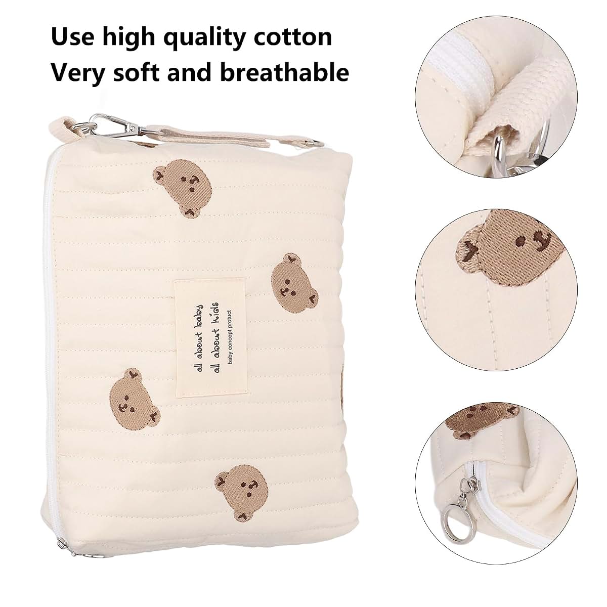 TIKATARER Wet Bags, Small Diaper Bag Tote Bag Quilted Cotton Cute Bear Embroidery Pattern Nappy Diaper Storage Bag with (photo 2)