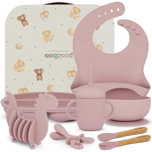 Pookiboo 9-Piece Silicone Feeding Set And Dinosaur Teether In Gift Box