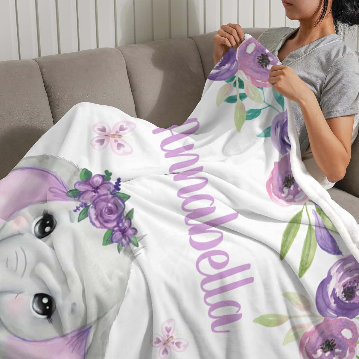 ColorAce Personalized Baby Blanket With Name Floral Elephant Design (photo 4)