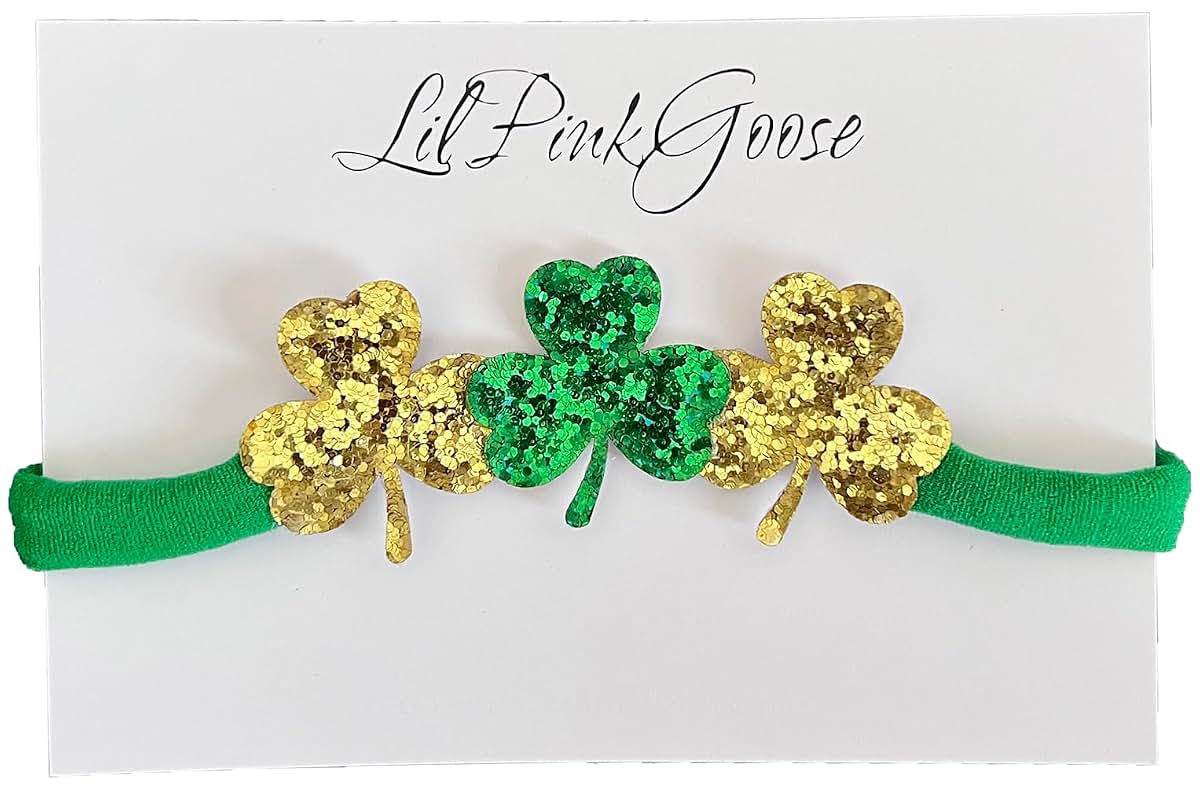 LilPinkGoose Baby St. Patrick's Day Green Clover Bow Headbands With Green Nylon Elastic Band