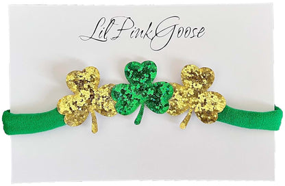 LilPinkGoose Baby St. Patrick's Day Green Clover Bow Headbands With Green Nylon Elastic Band