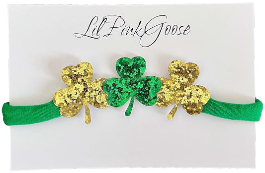 LilPinkGoose Baby St. Patrick's Day Green Clover Bow Headbands With Green Nylon Elastic Band