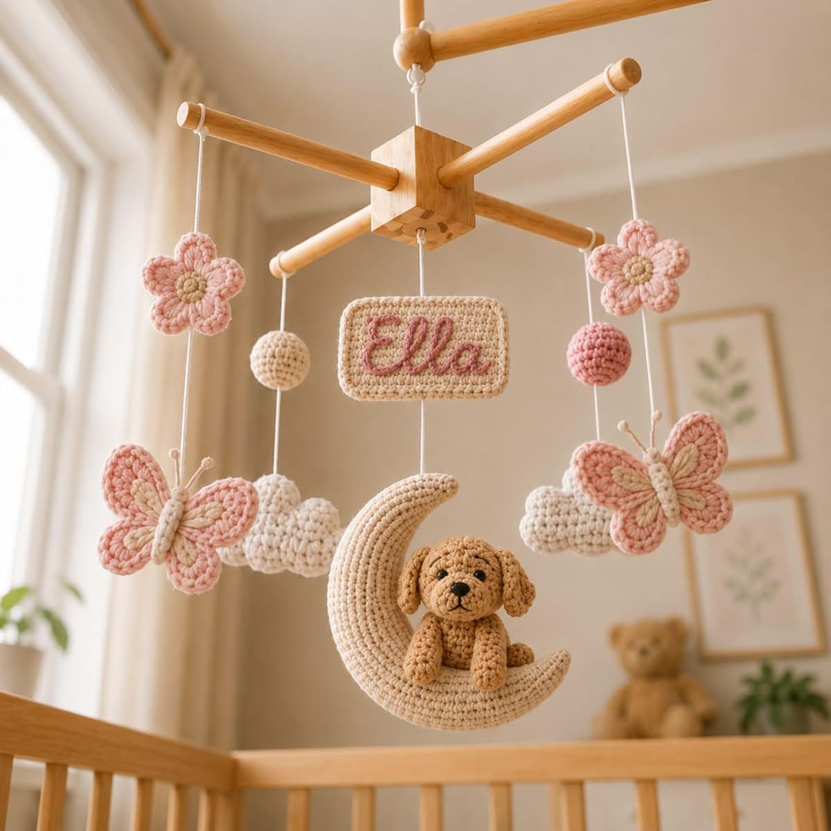Peropia Personalized Crochet Dog Baby Mobile for Girls