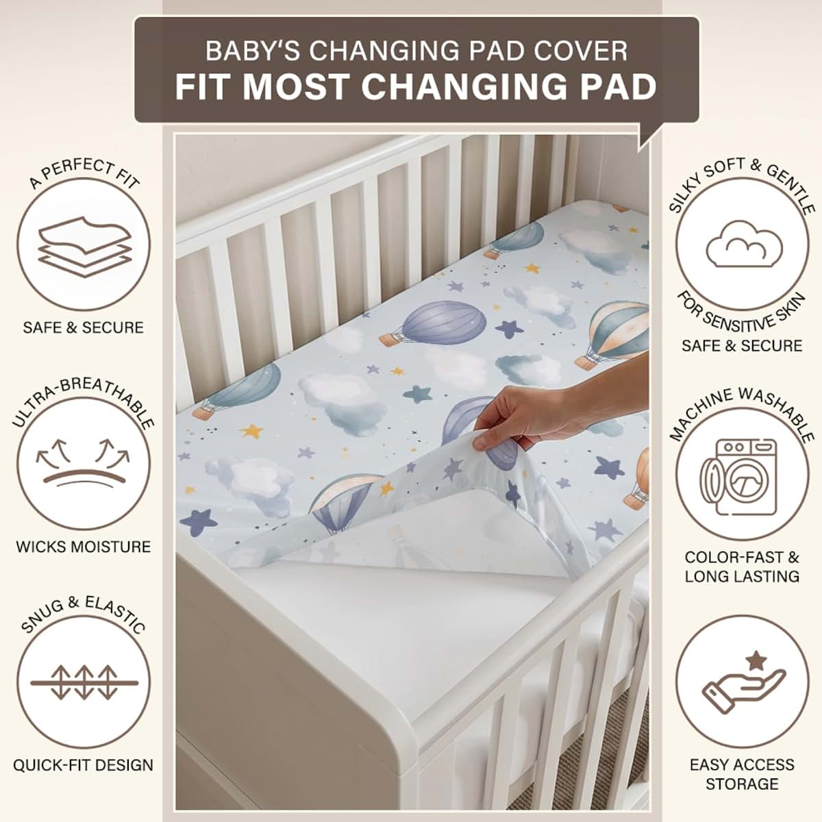 S2tMhb Hot Air Balloon Pattern Changing Pad Covers for Baby Boys Girls,Clouds Theme Stretchy Toddler Diaper Changing