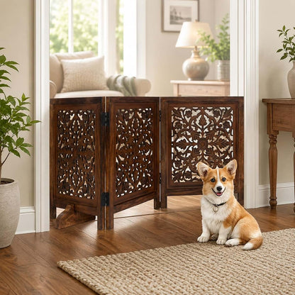 Woodify Dog Gate Freestanding 60x24 Folding 3 Panel, Natural Burnt