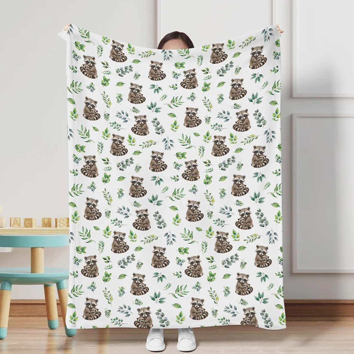KASTLEE Cute Raccoon Green Leaves Baby Blanket