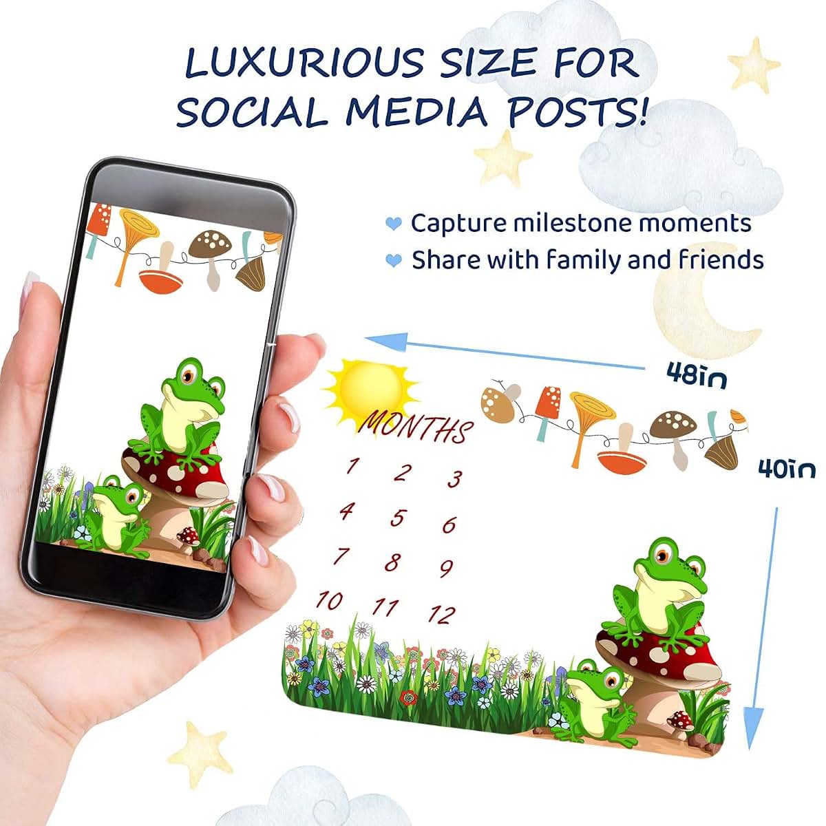 FHZON Frog Mushroom Monthly Milestone Blanket, 48x40 Inches Cotton Mat with 1-12 Month Markers and Frames