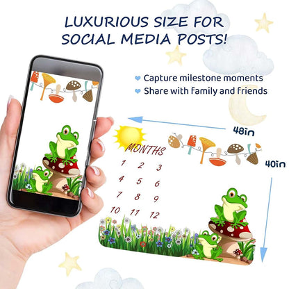 FHZON Frog Mushroom Monthly Milestone Blanket, 48x40 Inches Cotton Mat with 1-12 Month Markers and Frames