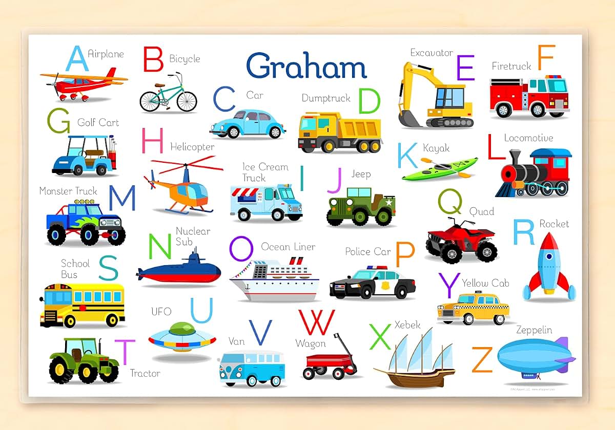 Vehicle Alphabet Personalized Placemat, By Art Appeel, 18" x 12" Inches, Laminated