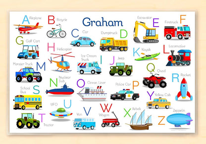 Vehicle Alphabet Personalized Placemat, By Art Appeel, 18" x 12" Inches, Laminated