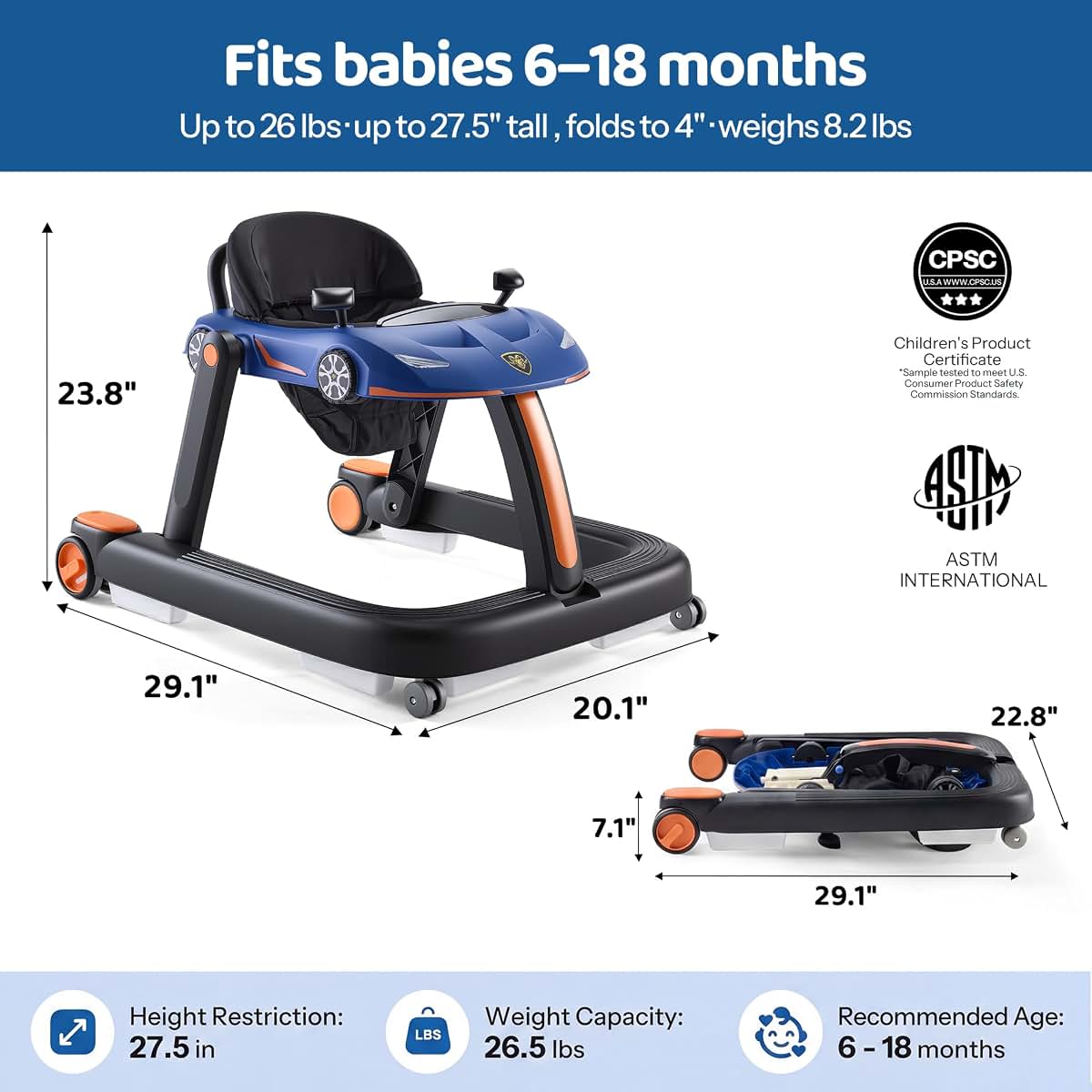Tofuumi 4-In-1 Baby Walker With Adjustable Height, Speed, And Folds For Storage, 6-18 Months, Blue