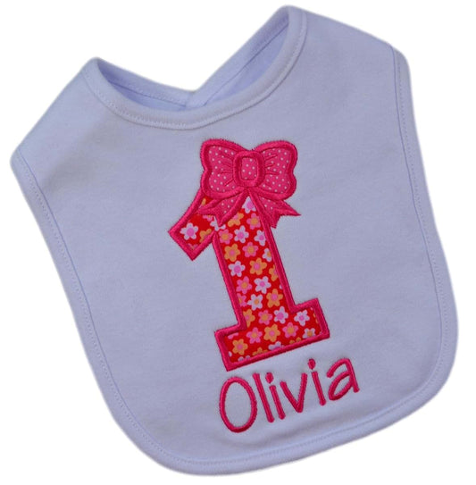 Funny Girl Designs First Birthday Smash Bib for Baby Girl Turning 1 with Custom EMBROIDERED Name (PINK FLOWERS)