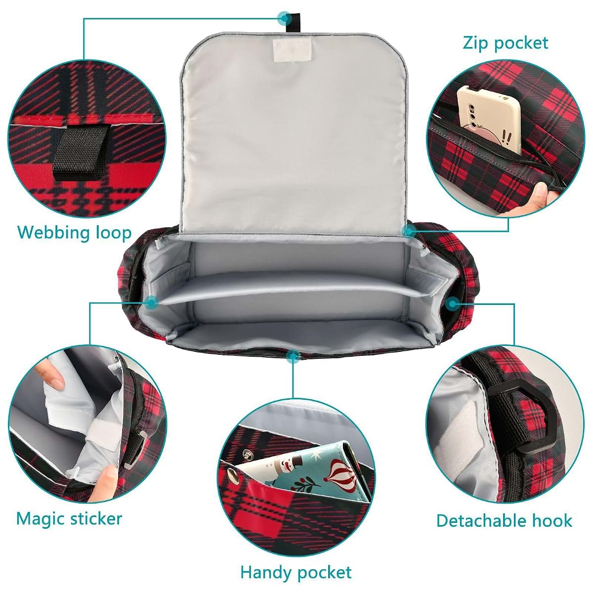 BabyOneStop Stroller Caddy Organizer Bag in Red Black Plaid with Adjustable Straps
