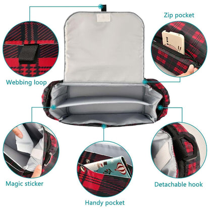 BabyOneStop Stroller Caddy Organizer Bag in Red Black Plaid with Adjustable Straps