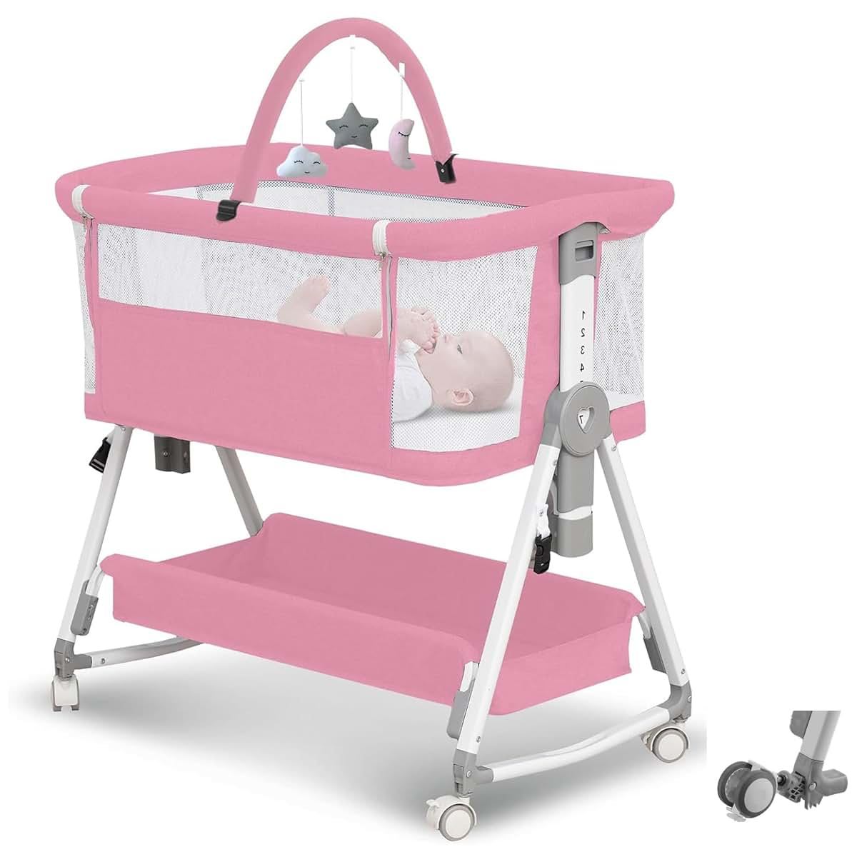 MEICHYUN 3-in-1 Baby Bassinet with Hanging Toys, Mesh Sides, Pink
