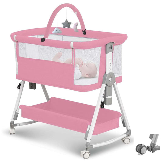 MEICHYUN 3-in-1 Baby Bassinet with Hanging Toys, Mesh Sides, Pink