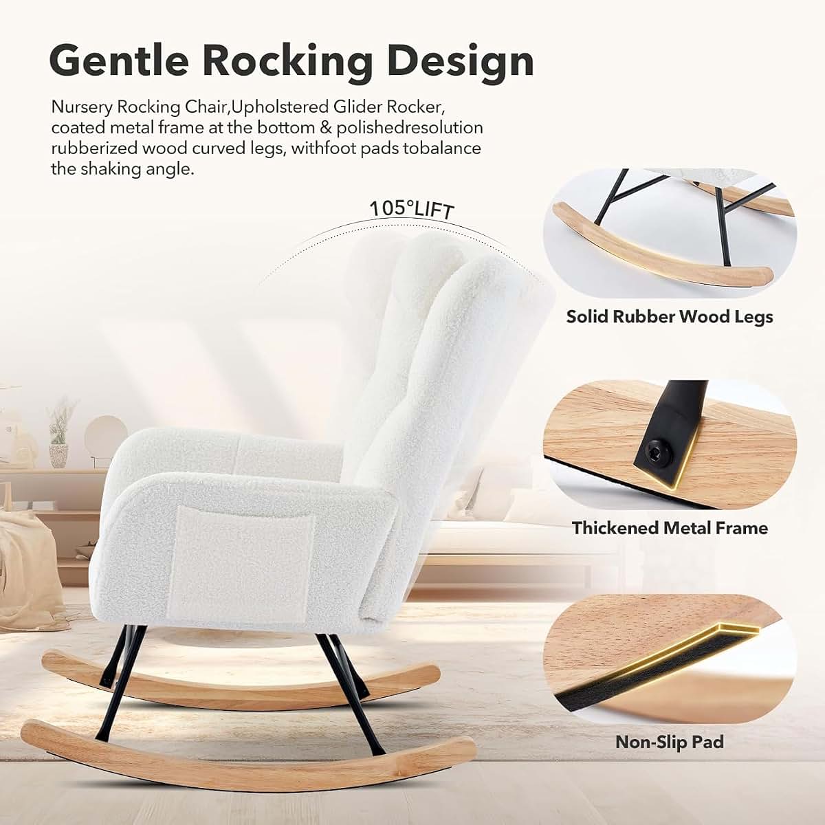 Tioutbot Teddy Rocking Chair Nursery with Pillow and High Backrest (photo 4)