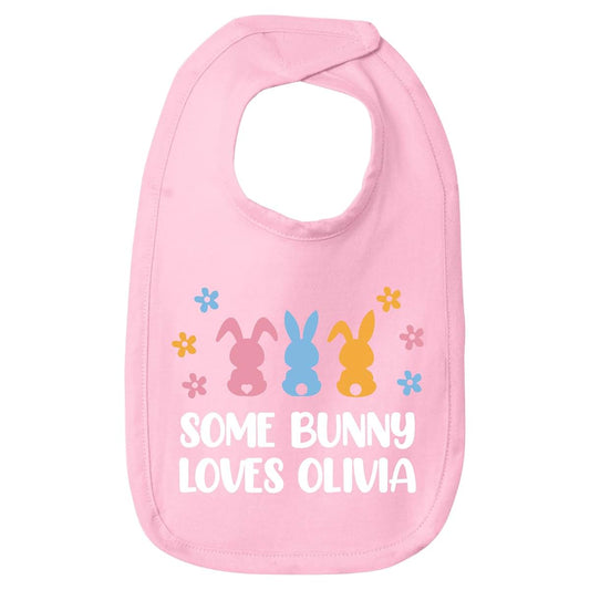 Smiling Jindo Personalized Easter Baby Bib – Pastel Bunny Trio Design with Custom Text – Premium Cotton Jersey