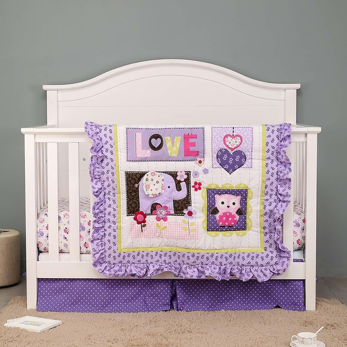 CribMATE 4-Piece Purple Elephant And Bird Nursery Crib Bedding Set