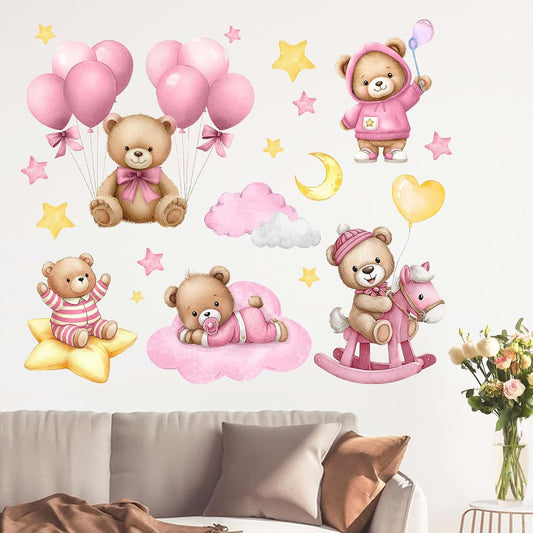 Mfault Pink Baby Bear Wall Decals, 2 Sheets, 35x12 Inches