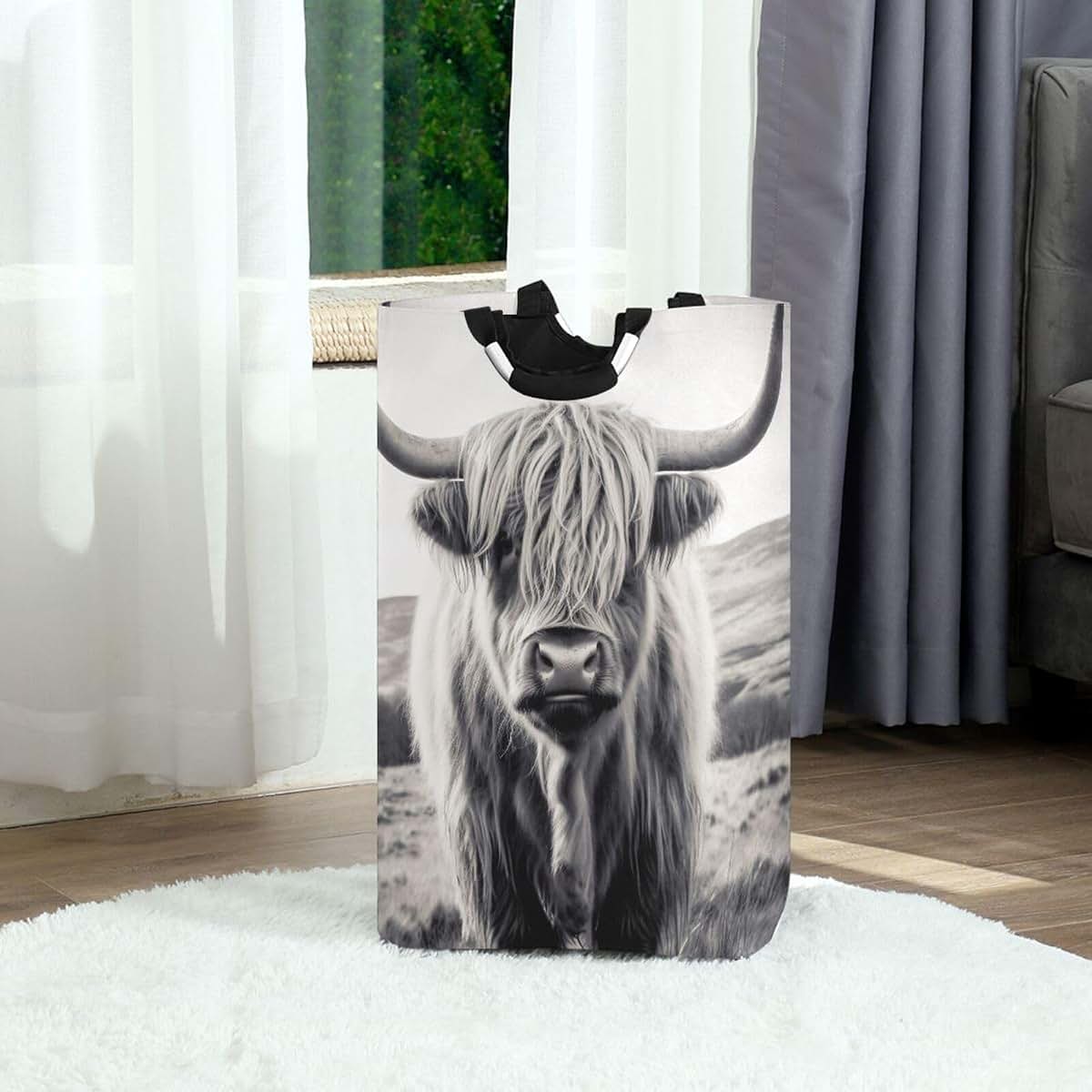 FLildon Highland Cow Collapsible Laundry Basket with Waterproof Oxford Lining and Soft Grip Handle
