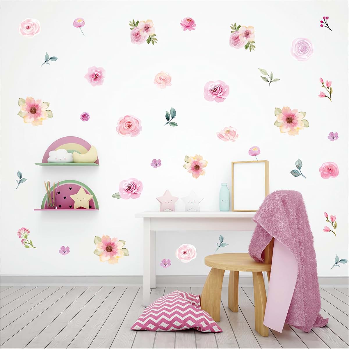Sacinora 4‑Sheet 60‑Piece Pink Rose Peach Blossom Wall Stickers