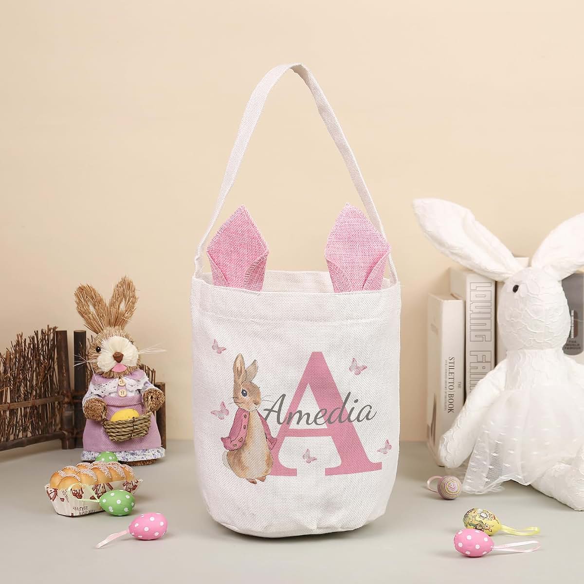 lagofit Personalized Easter Basket for Girls Boys Custom Name Easter Basket Bunny Egg Hunting Basket with Handle