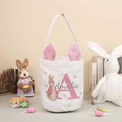 lagofit Personalized Easter Basket for Girls Boys Custom Name Easter Basket Bunny Egg Hunting Basket with Handle